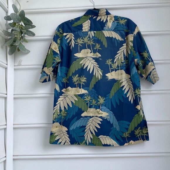 Reyn Spooner Cotton Cardboard Palms Aloha Hawaiian Shirt Blue Green Small - Picture 8 of 11